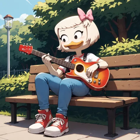 Webby_Vanderquack, zooanthropomorphic duck, com cabelos brancos, little pink ribbon on the top of the head, playing guitar , wearing shiny clothes, cantando, sitting on a bench , microfone, palco do The Voice Brazil