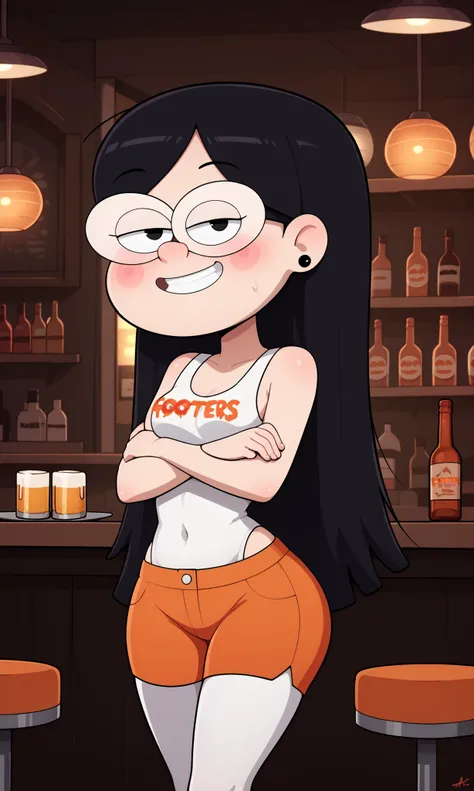 Detailed, masterpiece, style_2d_chibi (candy chiu) 1 girl, alone, black_hair, black eyes, looking at viewer, long hair, , small breasts, from side, mouth closed, holding, smile, white thighs, embarrassment, blushing, blushing, looking_at_viewer, employee_u...