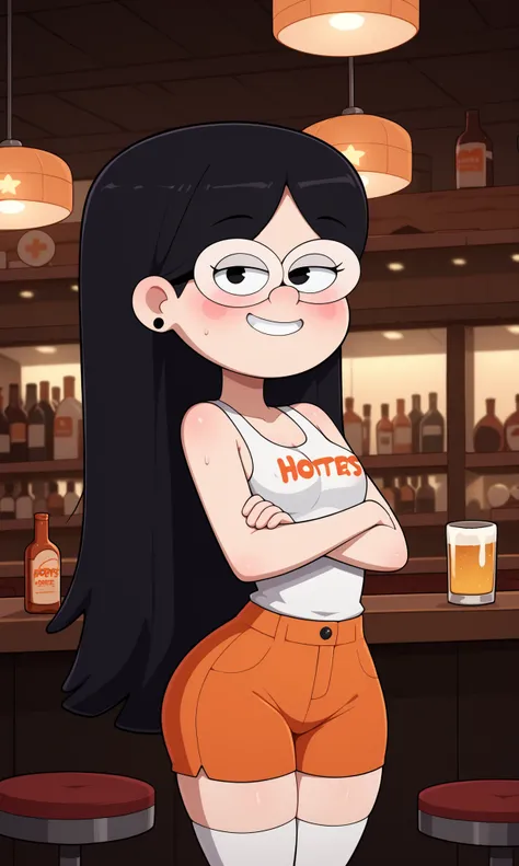 Detailed, masterpiece, style_2d_chibi (candy chiu) 1 girl, alone, black_hair, black eyes, looking at viewer, long hair, , small breasts, from side, mouth closed, holding, smile, white thighs, embarrassment, blushing, blushing, looking_at_viewer, employee_u...