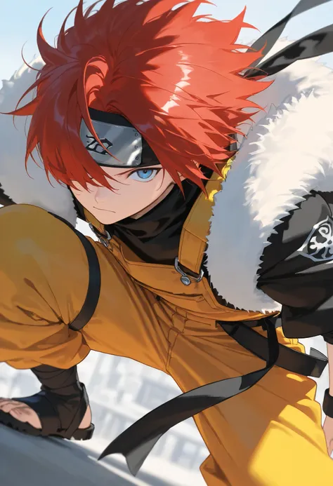 score_9, score_8_above, score_7_above, score_6_above, \(quality\), 1male, long red hair, tied tuck, fluffy hair, hair over eye, blue eyes, taller frame, wearing a orange and yellow overalls, oversized baggy pants, ninja bandana on the shoulder, Colored_Nar...