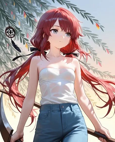 (masterpiece:1.2, Best Quality), (finely detailed beautiful eye: 1.2), (beautiful detailed face), sweat, close up, expressionless, hair ribbons, strapless sleeveless shirt, white shirt, blue jeans,, small breast, dark red hair, long low twin tails, long ha...