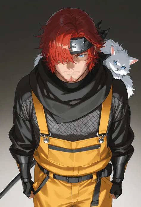 score_9, score_8_above, score_7_above, score_6_above, \(quality\), 1male, long red hair, tied tuck, fluffy hair, hair over eye, blue eyes, taller frame, mature male, wearing a orange and yellow overalls, oversized baggy pants, ninja bandana on the shoulder...