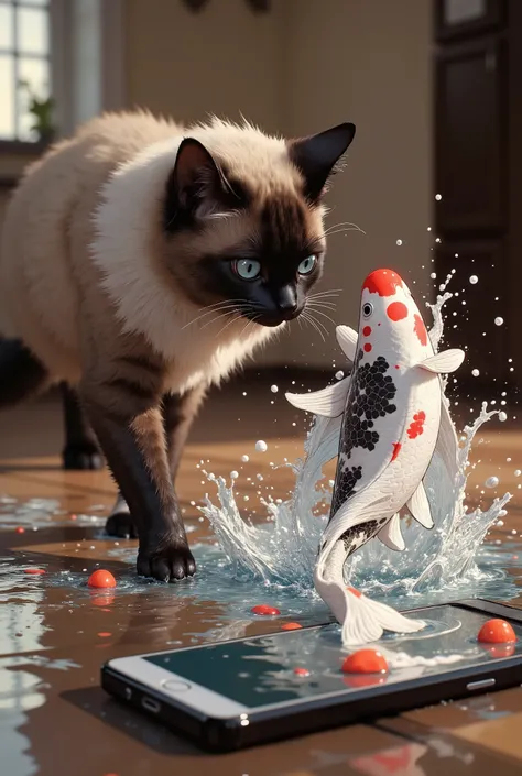 A smartphone is on the floor. A Siamese cat is peering into the screen. On the screen of the smartphone is a video of a gigantic koi fish swimming in a river. (The gigantic koi fish jumps out of the screen with many enormous splashes), (The Siamese cat see...