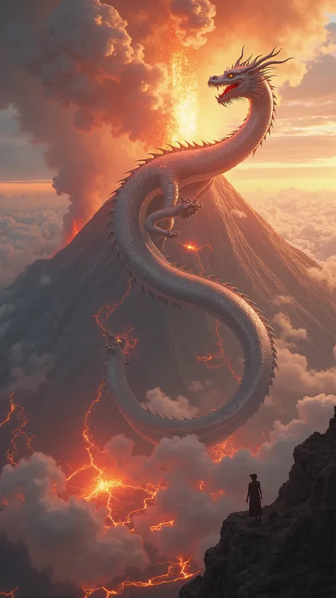 High quality images、Image of a dragon god living on Mount Aso、Mount Aso has erupted and lava is erupting、シルバーのdragon god is flying above it、View from Mt. Outer Ring。
