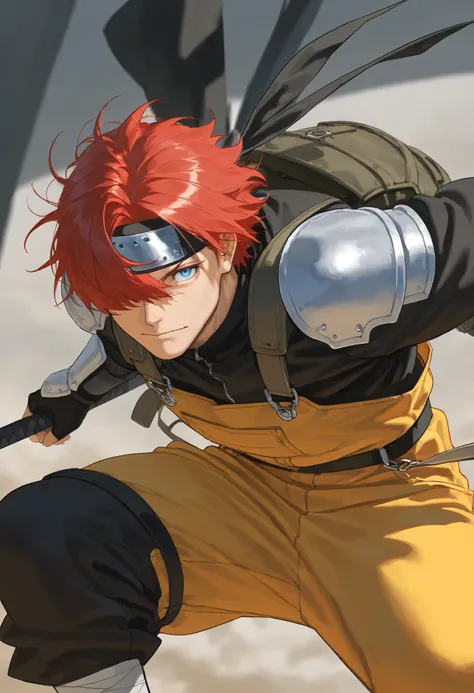 score_9, score_8_above, score_7_above, score_6_above, \(quality\), 1male, long red hair, tied tuck, fluffy hair, hair over eye, blue eyes, taller frame, mature male, wearing a orange and yellow overalls, oversized baggy pants, ninja bandana on the shoulder...