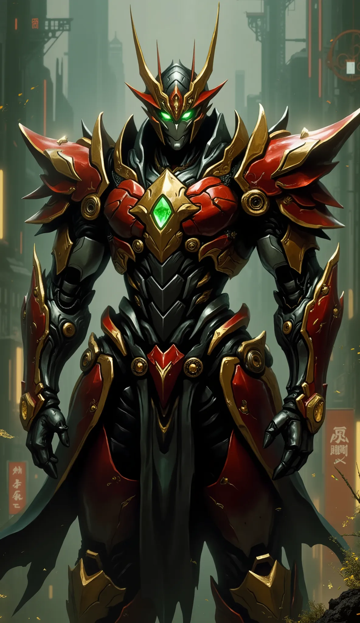 (masterpiece:1.5, best quality:1.5, extremely delicate:1.5), ((male:1.5)), Biomimetic humanoid Mecha, green eyes, fully enclosed shoulder guards, matching arm and leg guards, gemstone, full body, full armor, the design balances heavy with agility, organic ...