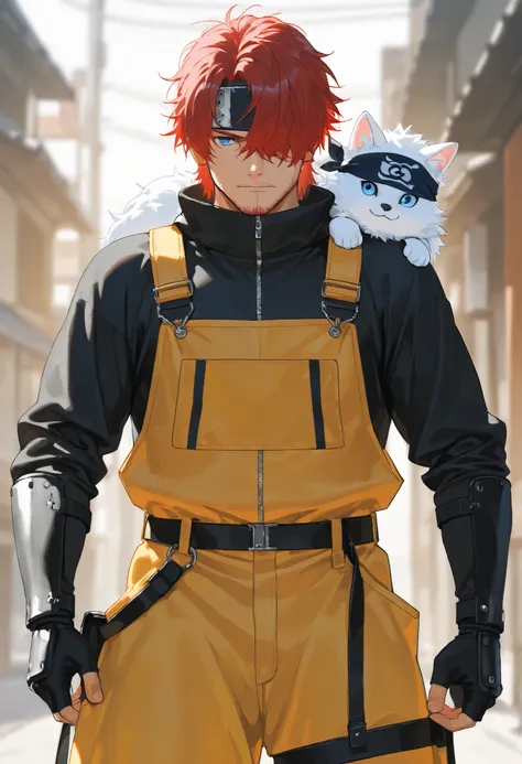 score_9, score_8_above, score_7_above, score_6_above, \(quality\), 1male, long red hair, tied tuck, fluffy hair, hair over eye, blue eyes, taller frame, mature male, wearing a orange and yellow overalls, oversized baggy pants, ninja bandana on the shoulder...