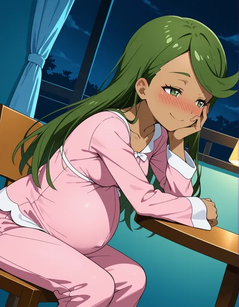 score_9, score_8_up, score_7_up, source_anime, mallow, 1girl, solo, long hair, hair down, , green eyes, half-closed eyes , green hair, dark skin, dark-skinned female, lovely small breasts, swept bangs, mallow (pokemon), smile, looking away, nose blush, blu...