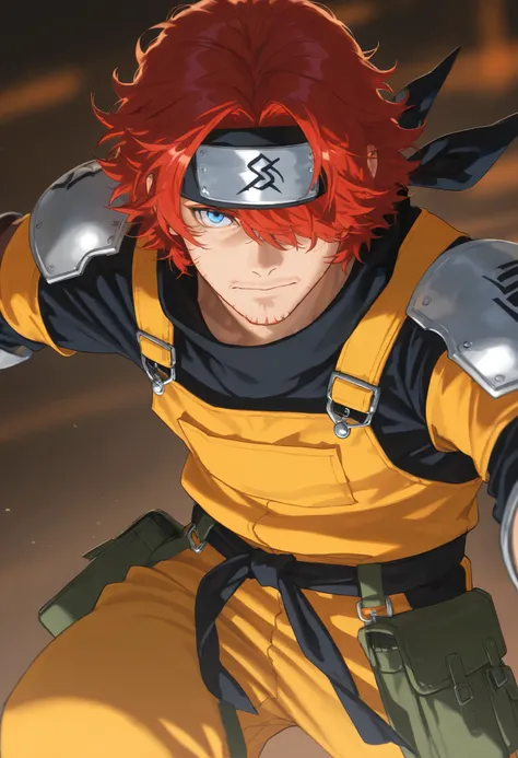 score_9, score_8_above, score_7_above, score_6_above, \(quality\), 1male, long red hair, tied tuck, fluffy hair, hair over eye, blue eyes, taller frame, mature male, wearing a orange and yellow overalls, oversized baggy pants, ninja bandana on the shoulder...