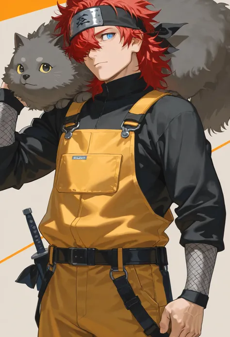 score_9, score_8_above, score_7_above, score_6_above, \(quality\), 1male, long red hair, tied tuck, fluffy hair, hair over eye, blue eyes, taller frame, mature male, wearing a orange and yellow overalls, oversized baggy pants, ninja bandana on the shoulder...