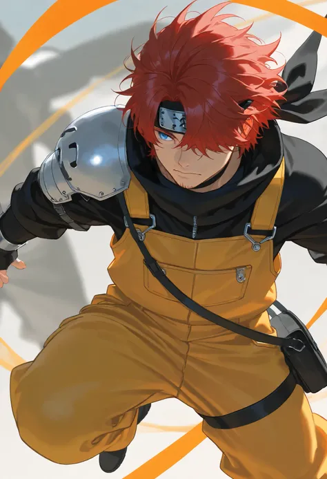 score_9, score_8_above, score_7_above, score_6_above, \(quality\), 1male, long red hair, tied tuck, fluffy hair, hair over eye, blue eyes, taller frame, mature male, wearing a orange and yellow overalls, oversized baggy pants, ninja bandana on the shoulder...
