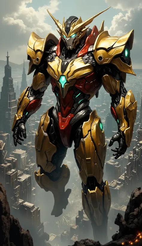 Masterpiece cinematic portrayal of a male biomimetic humanoid Mecha, drawing inspiration from a majestic lion. The Mecha is clad in full organic biotech armor, predominantly golden and red with black and white accents. Key features include piercing green e...