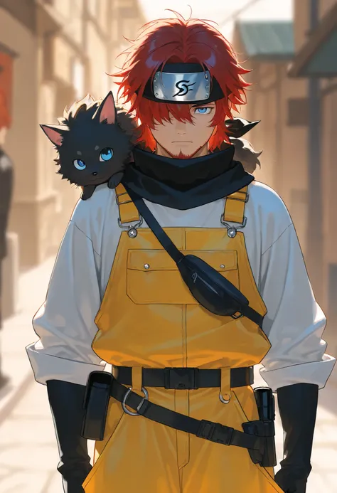 score_9, score_8_above, score_7_above, score_6_above, \(quality\), 1male, long red hair, tied tuck, fluffy hair, hair over eye, blue eyes, taller frame, mature male, wearing a orange and yellow overalls, oversized baggy pants, ninja bandana on the shoulder...