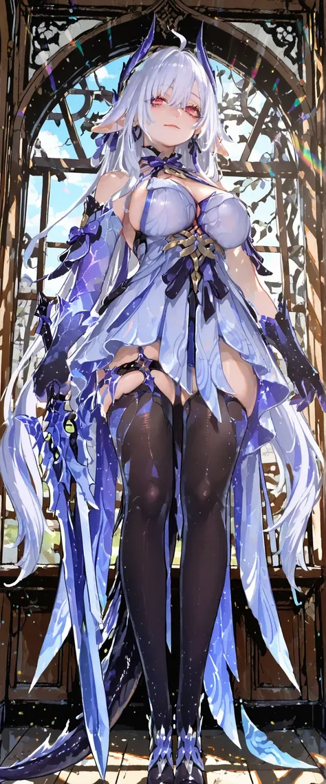 Fullbody, head to toe, score_9, score_8_up, score_7_up, source_anime, highly detailed figure,ohwx, 1girl, solo, white_hair, breasts, pink detailed eyes, hair_ornament, large_breasts, long_hair, honkai dress style, cow ponty ears, hairclip, jewelry, earring...