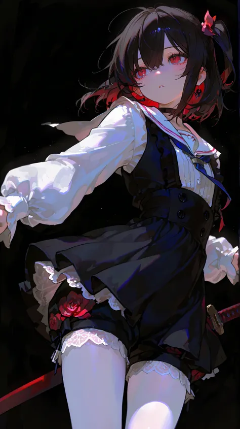 Shelley Gee , (masterpiece , top quality , High Definition: 1 . 2) , girls , Alone  , frills、lace fabric、dark haired、white pantyhose、Women's Funny Faces、sleeves are framed with lace 、Slightly Short Bob、cute face、Like々Funny Face、Looking into the Distance、ha...