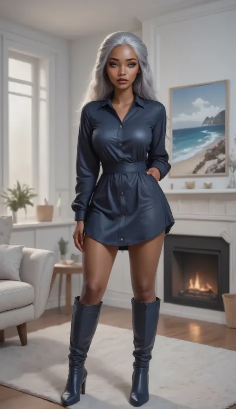 A brown skinned young lady, with silver white hair in two Long Double Dutch French braids, her eyes are silver grey, she is standing with her back towards a white wall with a picture frame of a white beach and a fireplace underneath it. She is wearing a ca...