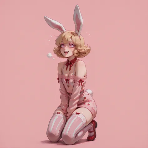 full body, big smile, open mouth hands in air, 1 femboy, curvyfemb0y, flat chest, white bunny ears, bunny tail, curly hair, ringlets, flipped hair, strawberry blonde hair, (broad shoulders), (((tall))), super-short hair, freckles, ((big eyes,)) pink eyes, ...