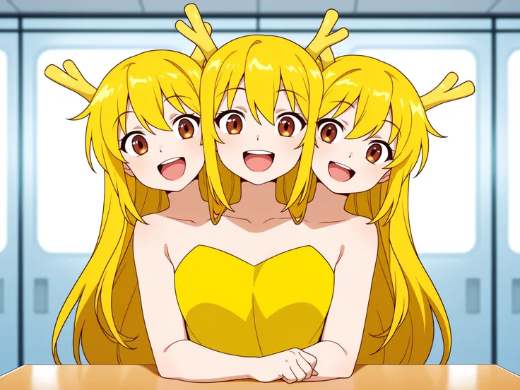 anime girl with three heads, conjoined, long blond hair, brown eyes, yellow dragon girl costume, simple yellow dress, open mouth, happy, bare arms and shoulders, sitting at a convention center panel table