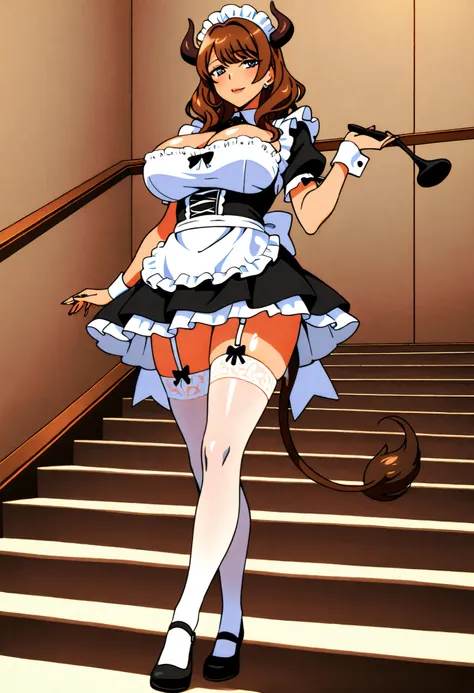 ((masterpiece)), ((best quality)), ((highres, absurdres)), (detailed), ((anime coloring, shiny skin)) , solo, full body, mature woman, cow anthropomorphic features, brown hair, healthy glossy texture, curved horns, droopy ears, elegant maid uniform, custom...