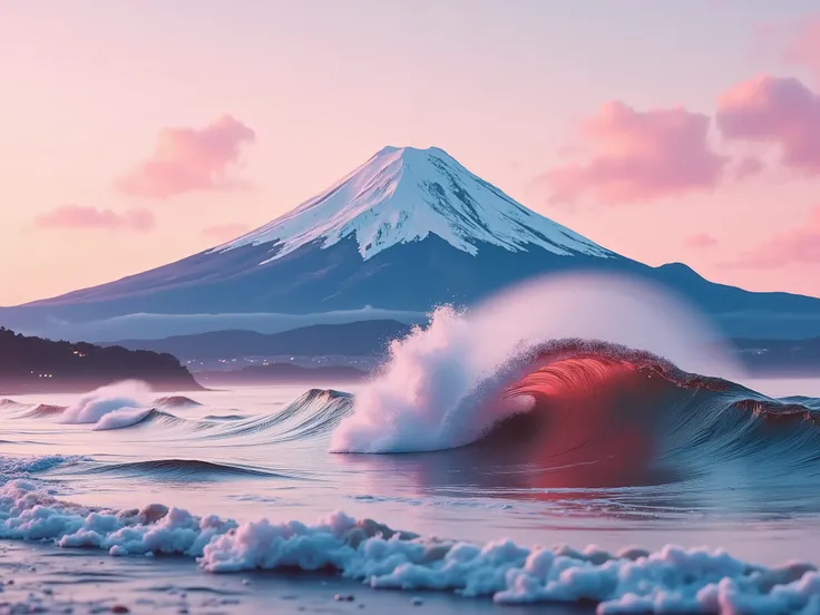 Katsushika Hokusai's 36 Views of Mt. Fuji off Kanagawa, the back of the waves off Kanagawa is pink, delicate, and elegant、Make it with cute but not too cute。Put a little bit of fluorescent pink