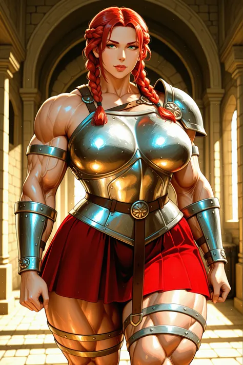 Female roman gladiator, huge muscles,twin braids hairstyle, lips, breastplate, bracers, skirt 