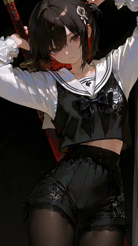 Shelley Gee, (masterpiece, top quality, High Definition: 1.2), girls, Alone, brown eyes,black sailor suit、Floral Print Pleated Shorts、     frills、lace fabric、dark haired、pantyhose、Women's Funny Faces、lace framed sleeves  、Slightly Short Bob、 １35 cm 、Elemen...