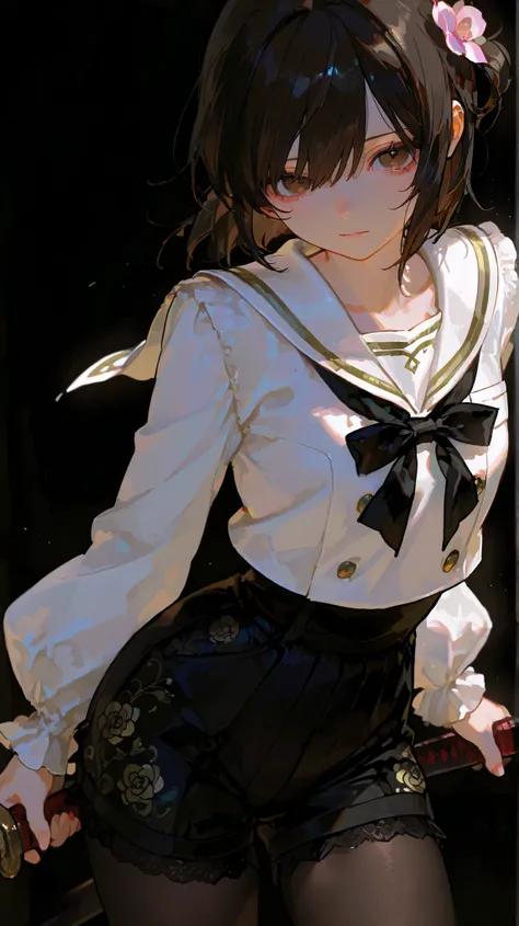 Shelley Gee, (masterpiece, top quality, High Definition: 1.2), girls, Alone, brown eyes,black sailor suit、Floral Print Pleated Shorts、     frills、lace fabric、dark haired、pantyhose、Women's Funny Faces、lace framed sleeves  、Slightly Short Bob、 １35 cm 、Elemen...