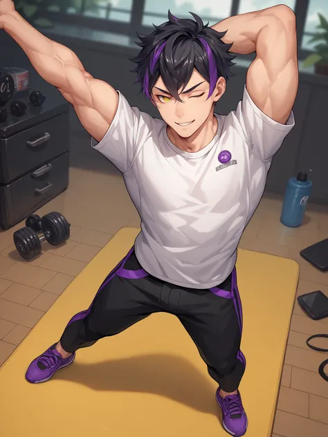 Anime man with thin black hair, yellow sharp eyes, emotionless and cold personality. Has one purple highlight, solo, blurry background, full body, stretching, push ups, muscles showing, no shirt, shirt off, angle view, winking at view