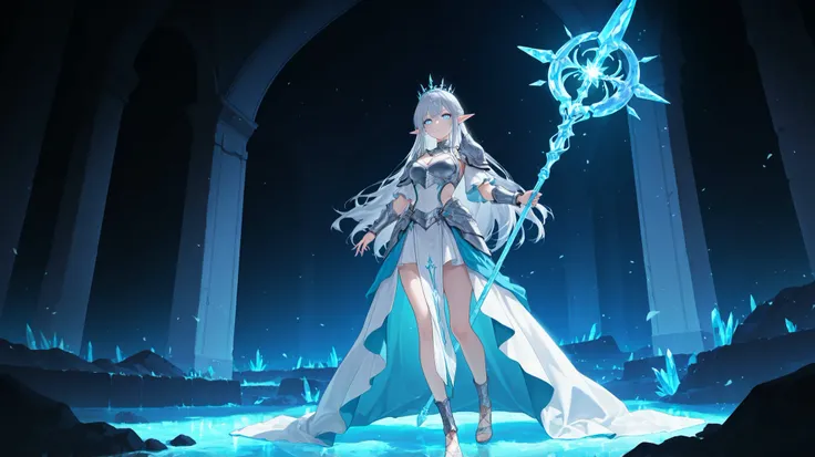 masterpiece, best quality, very aesthetic, 1girl, solo, intricate silver hair, glowing blue eyes, detailed fantasy elven armor, holding a luminous crystal staff, standing in an ancient, moonlit ruin, cinematic lighting, (by jiao_chang:1.2), absurdres