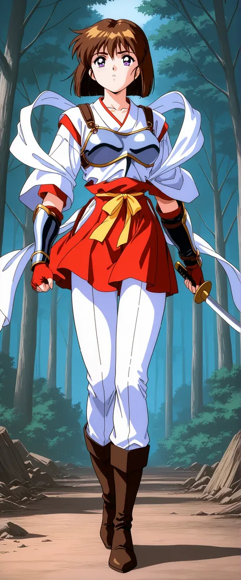 score_9, score_8_up, score_7_up,1990s \(style\),anime coloring,ultra-detailed,official art,best quality,good quality,valkyrie,miko,BREAK,1girl, Amatsu_Mai, brown hair, short hair, breasts, purple eyes, bob cut, bangs, full body,BREAK, hagoromo, red gloves,...