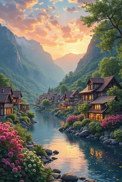 , a small riverside village，The background is mountains，Flowers bloom，vibrant with colors，Detailed scenery，Beautiful natural landscape，Ambiance Lighting，Scorching sunset，a warm color palette，utility，utility摄影，Delicate leaves，Complex architecture ， cobblest...
