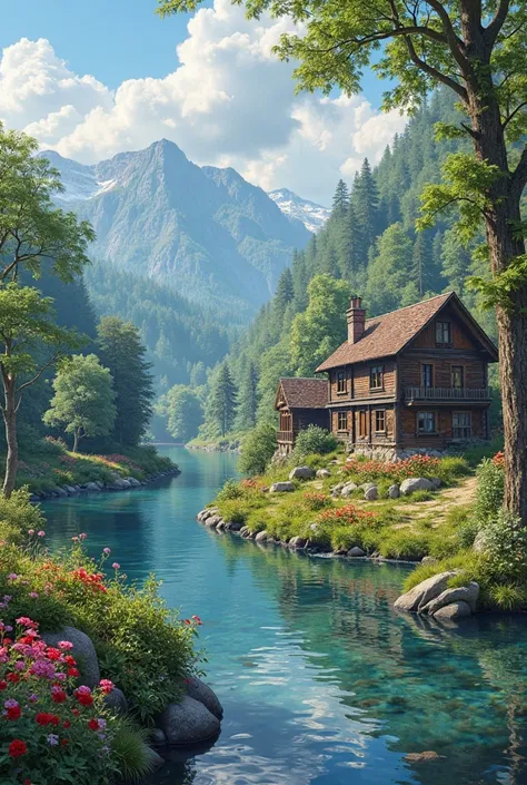 village by the river, picturesque, realistic, detailed, countryside, a river, wooden houses, Overgrown forest, wild flowers, sunny day, peaceful atmosphere,HighDetail,фотоrealistic,professionalwork,meticulous design,bright beautiful colors,elegant shadows