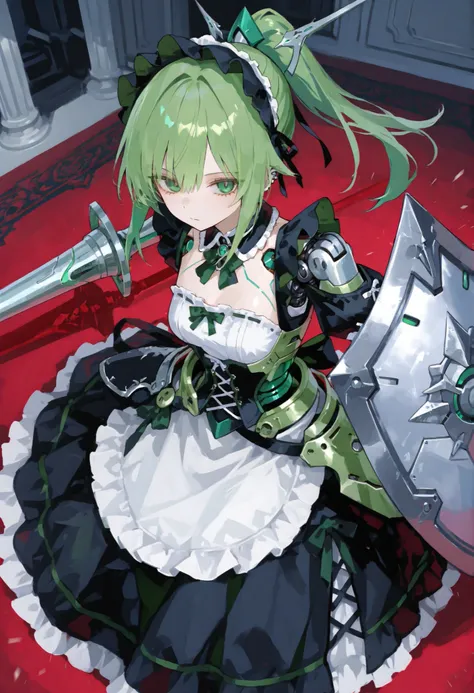 Maid Outfit。long skirt。green hair ponytail。Gothic Room。Mechanical joints。green eyes。machine body。silver lance。armor。round shield。極太LanceAttack。headdress piercing with lance。motion blur effect。from above