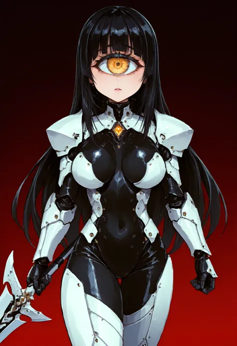 Mechanical warrior girl. Black hair. Long hair. Tied back hair. Yellow eyes. Cyclops eyes. Yandere eyes. Black bodysuit. Light armor. Eye motif costume. Living cloth. Pert breasts. Slim waist. Weapon in hand. Lance.
