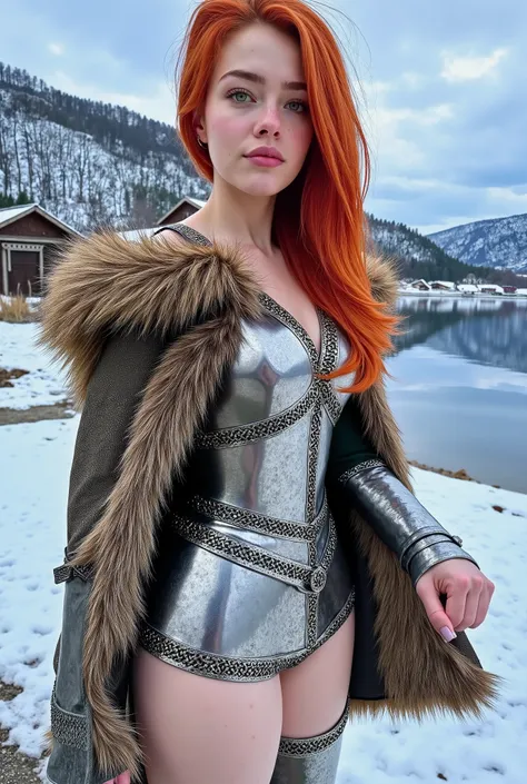 A warrior queen (a seductive 18-year-old), incredible cleavage, natural breasts east-west, breasts each turned to one side, transparent panties showing, a vision of strength and confidence. Flaming red hair cascades over her shoulders. Pale skin, marked by...