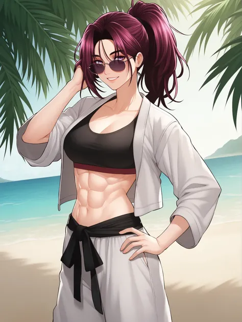 score_9, score_8_up, score_7_up, score_6_up,  shindohee,solo, tall, tall femalemedium breasts,purple hair, purple eyes,milf,dark magenta hair, beach, (ponytail),  long hair,seductive smile,  light smile, black sports bra, karate uniform, jacket, open jacke...