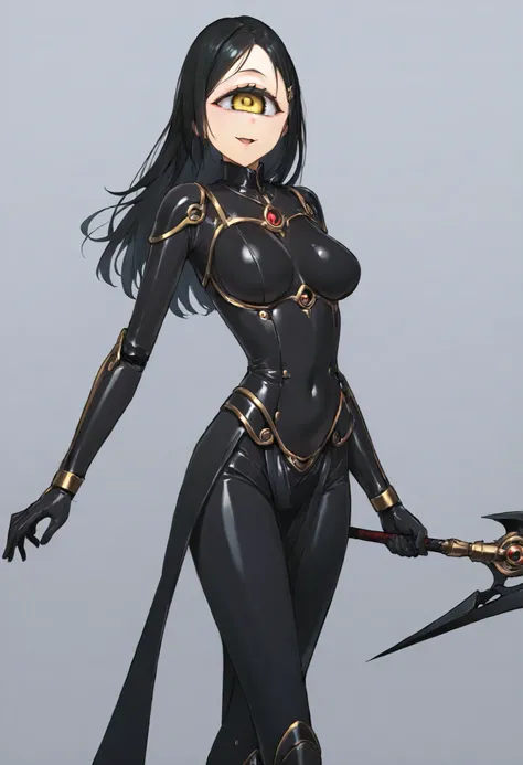 Mechanical warrior girl. Black hair. Long hair. Tied back hair. Yellow eyes. Cyclops eyes. Yandere eyes. Black bodysuit. Light armor. Eye motif costume. Living cloth. Pert breasts. Slim waist. Weapon in hand. Lance.