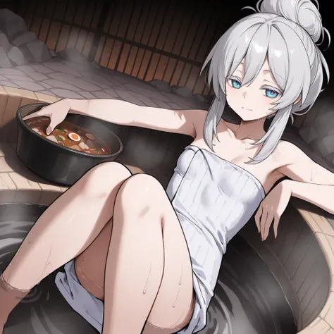 Hot Springs、Dungeon、An empty flood、naked and wrapped in a towel、soup