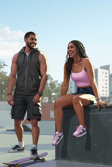 A fashionable African American couple hanging at a city skate park on a hot afternoon—he’s skating in cargo shorts and a sleeveless hoodie, she’s sitting on the edge with biker shorts, a cropped top, and stylish braids. They’re both laughing, radiating con...