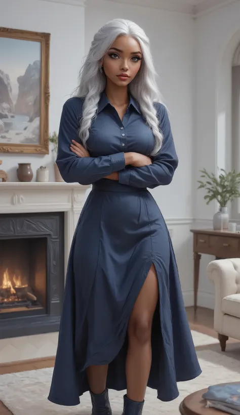A light brown skinned young lady, with silver white hair in two Long Double Dutch French braids, her eyes are silver grey, she is standing with her back towards a white wall with a picture frame of a white beach and a fireplace underneath it. She is wearin...