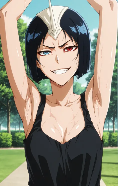 masterpiece, best quality, amazing quality, anime screencap, anime coloring, 1girl, solo, 3m1l0u, heterochromia, blue eyes, red eyes, black hair, short hair, single horn, black tank top, cleavage, sweaty, small breasts, skindentation, sleeveless, bare shou...