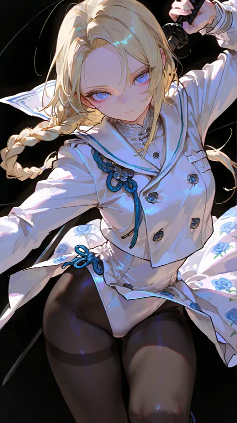 Shelley Gee, (masterpiece, top quality, high resolution: 1.2), girls, Alone, Blue Eyes 、Forehead、long hair、thin、Blonde、 Japanese sword、、pantyhose、Fair skin、Black pantyhose, Floral Skirt, Black background、white sailor suit jacket、big eyes, cute、One Braid, d...