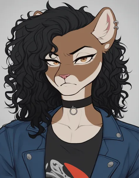 (((long curly hair, black hair))), ((male puma)), curvaceous, BREAK background is simple and muted, with a gradient effect and soft, neutral tones. black choker, (black plain t-shirt, black denim jacket ), looking at viewer, detailed eyes , relaxed pose, t...