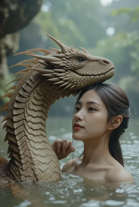 A completely naked cute Japanese woman with a smile soaking in a hot spring with a western dragon. A woman is stroking a dragon. Hot springs in caves. surrounded by rocks .