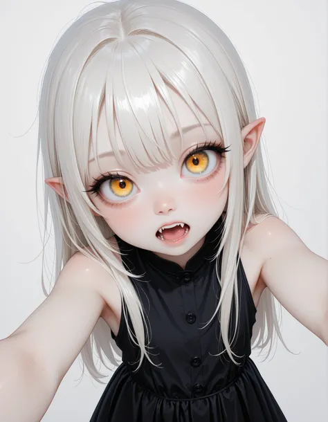 safe, masterpiece, best quality, good quality, very aesthetic, absurdres, newest, 1girl, solo, young, white hair, pointy ears, detailed eyes, fangs, pale skin, black dress, perspective, dynamic angle,long eyelashes, thick eyelashes, black nails, large eyes...