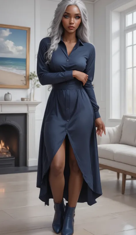Button Down Cover Up Dress CottonA light brown skinned young lady, with silver white hair in two Long Double Dutch French braids, her eyes are silver grey, she is standing with her back towards a white wall with a picture frame of a white beach and a firep...