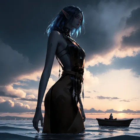 artist: wlop, masterpiece, best quality, illustration, a beautiful elf woman, pale blue skin, midnight blue hair, medium length hair, aquamarine eyes, detailed face, wearing a animal leather clothing, tribal clothing, water tribe, brown animal leather skir...