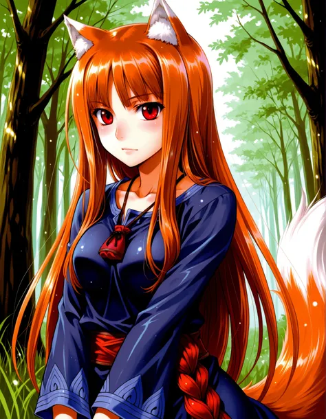 holo, wolf girl, solo, 1girl, wolf ears, long hair, solo, red eyes, ginger hair, wolf tail, animal ears, animal ear fluff,very long hair, shiny hair, brown hair,