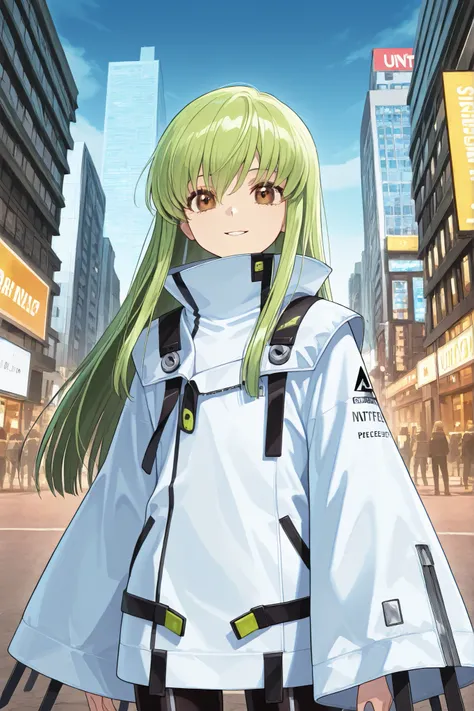 Code Gear Sticker, NFFS, (brown eyes:1.5), green hair, long hair, straight hair,
Break Straight Jacket, (white forced jacket:1.5), wide sleeve,
BREAK Outdoors, City,
stop watching viewers, BREAK (Mathieu Piece:1.2), top quality, high resolution, Unity 8k壁紙...