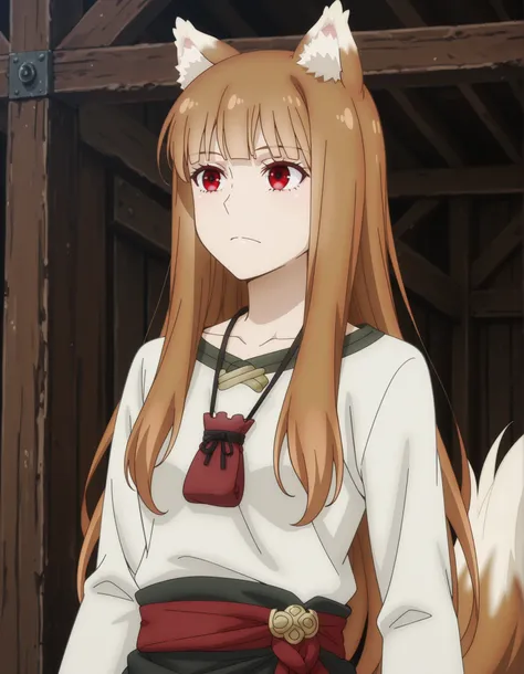 holo, wolf girl, solo, 1girl, wolf ears, long hair, solo, red eyes, ginger hair, wolf tail, animal ears, animal ear fluff,very long hair, shiny hair, brown hair, 